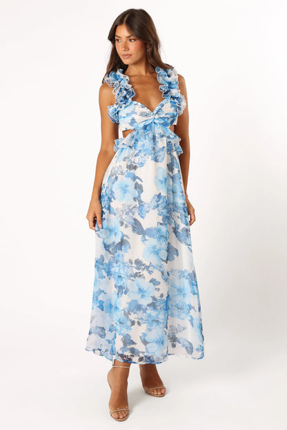 Lucah Frill Shoulder Maxi Dress Blue White Floral