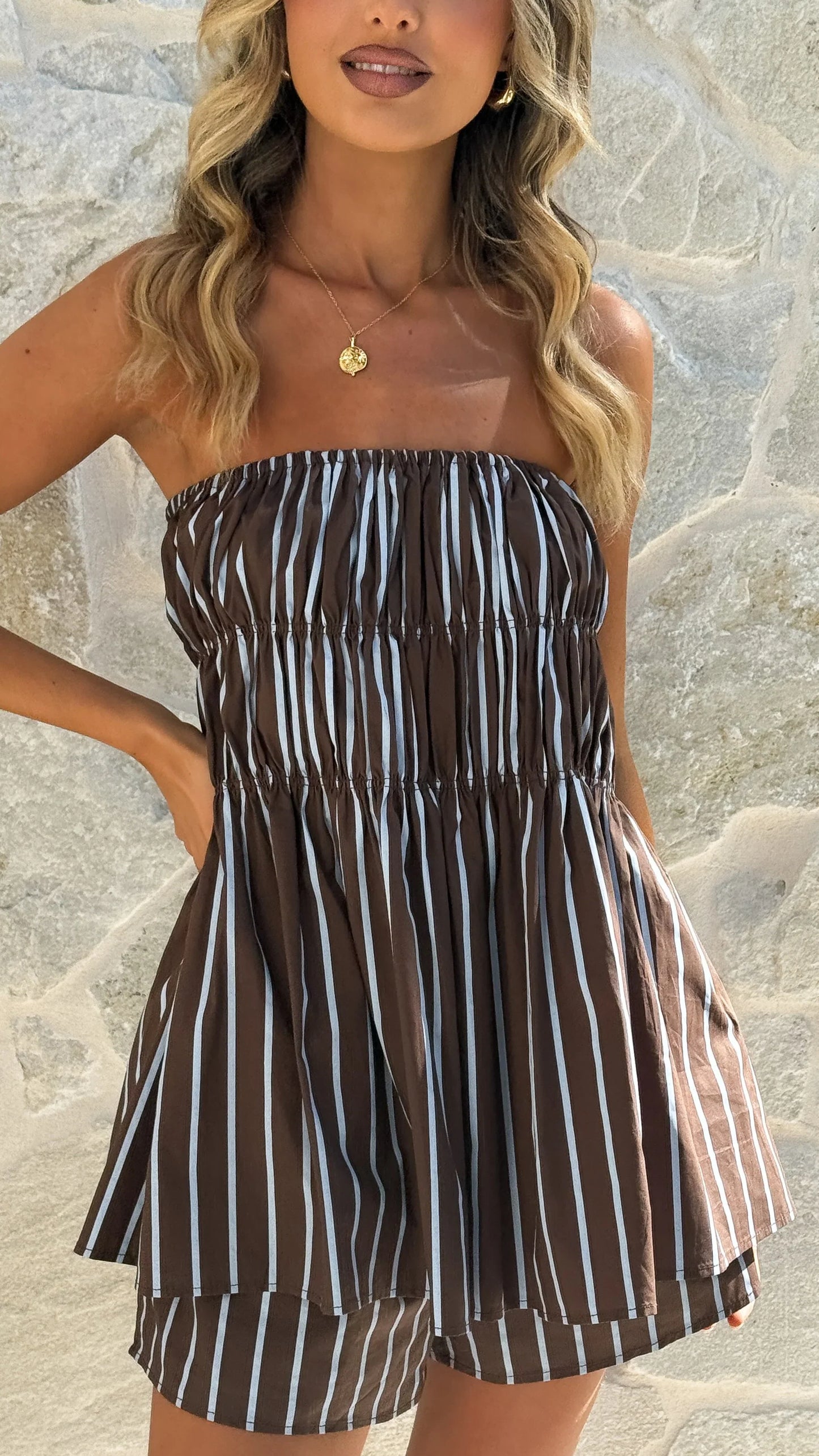 Kamala Strapless Cinch Top and Shorts Set Chocolate Blue Stripe