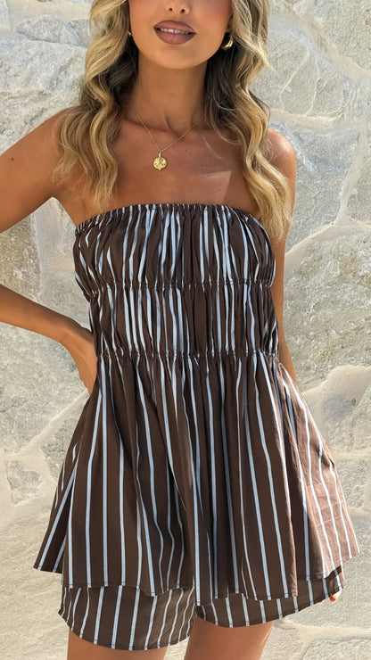 Kamala Strapless Cinch Top and Shorts Set Chocolate Blue Stripe