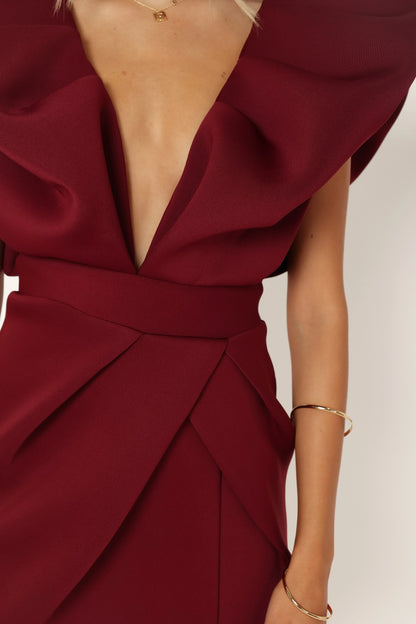 Augie Frill Shoulder Maxi Dress Burgundy