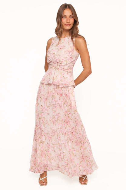 Mena Pleated Maxi Skirt Blurred Pink Floral