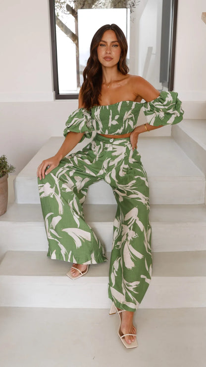 Callison Crop Top and Pants Set Green Print