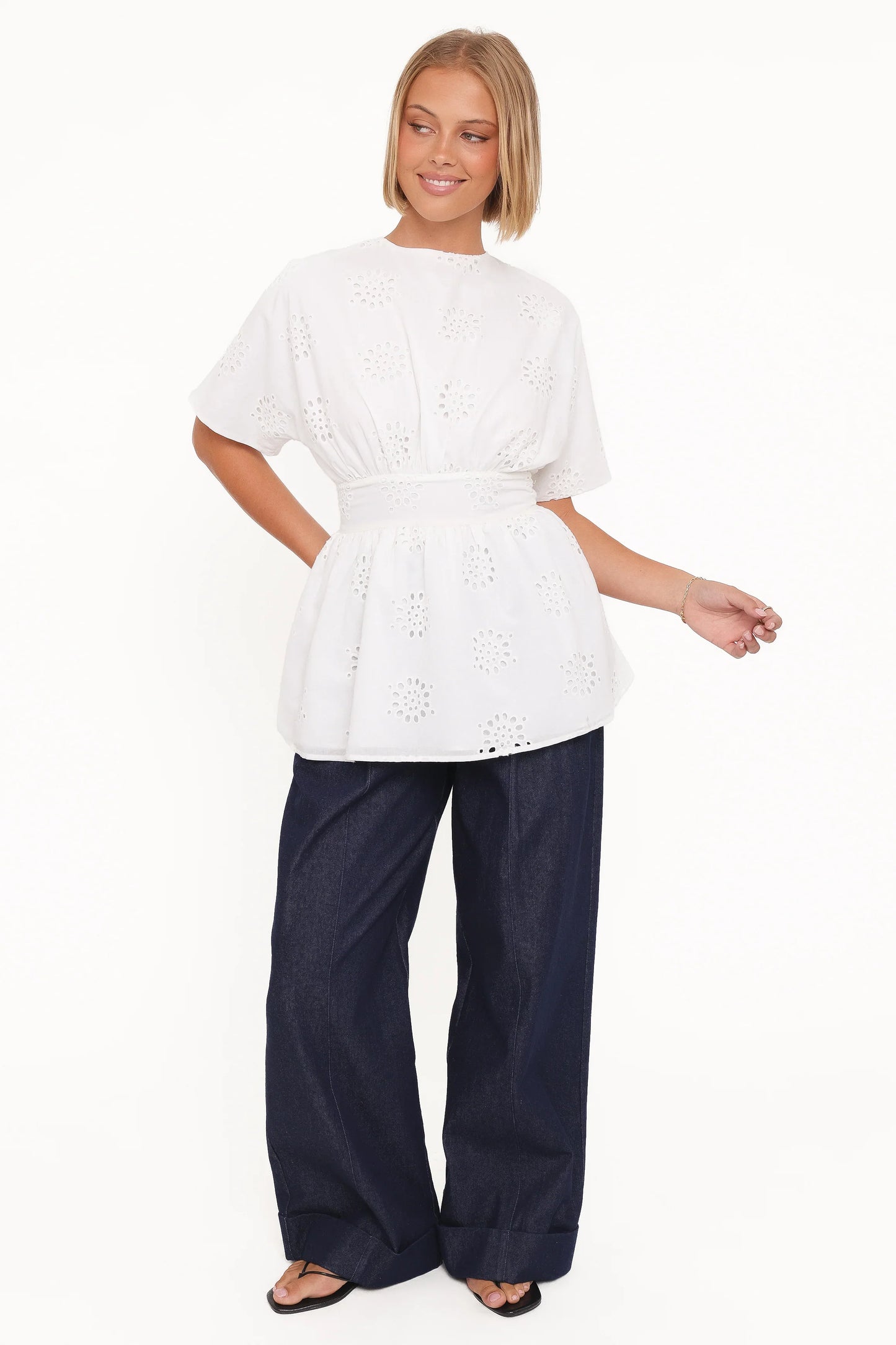 Carmel Tie Back Tunic Top White Embroidery