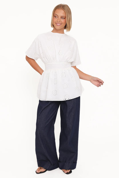 Carmel Tie Back Tunic Top White Embroidery