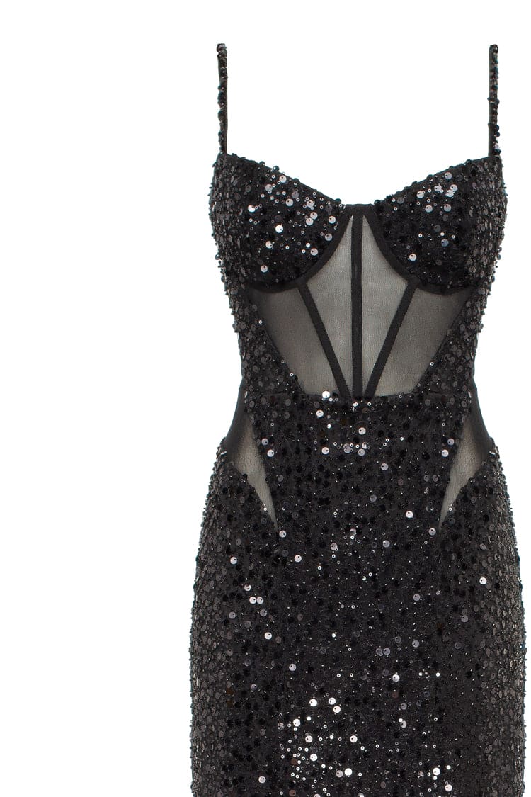 Sensational black maxi on spaghetti straps covered in sequins Smoky Quartz