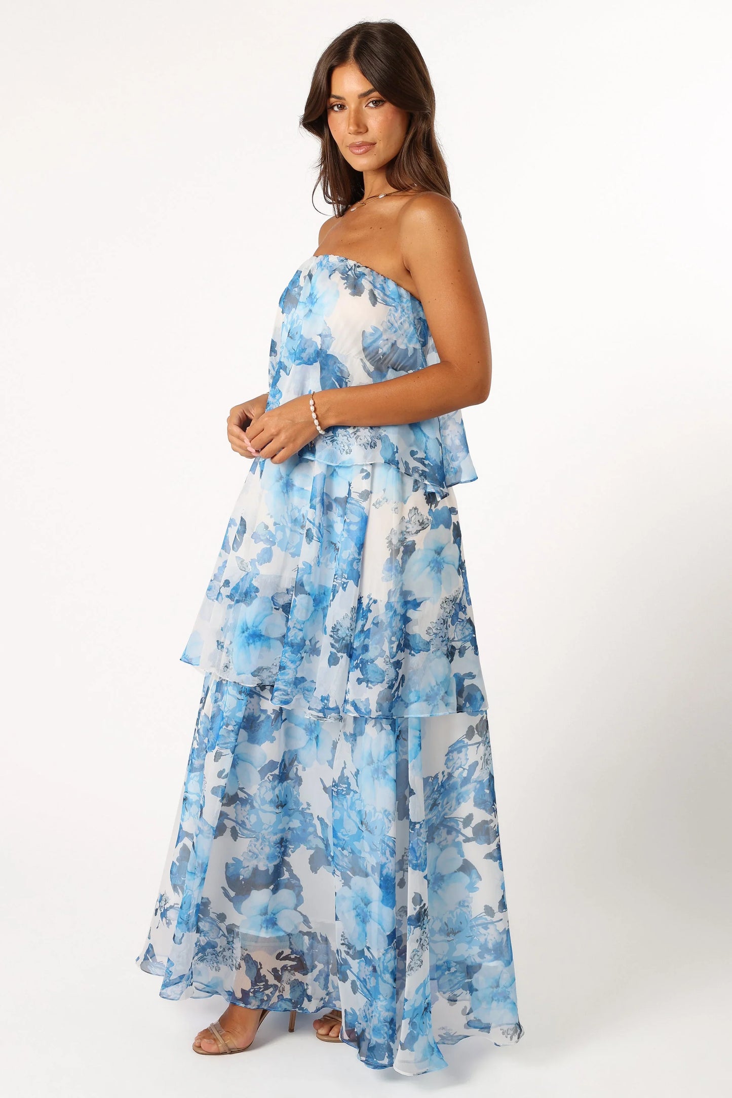 Bloom Strapless Maxi Dress Blue White Floral