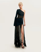 One shoulder maxi dress with feather trimmed bottom Xo Xo