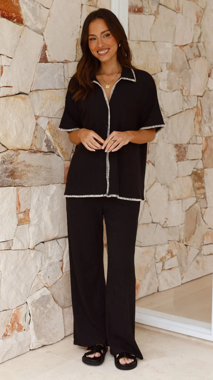 Madian Button Up Shirt and Pants Set Black