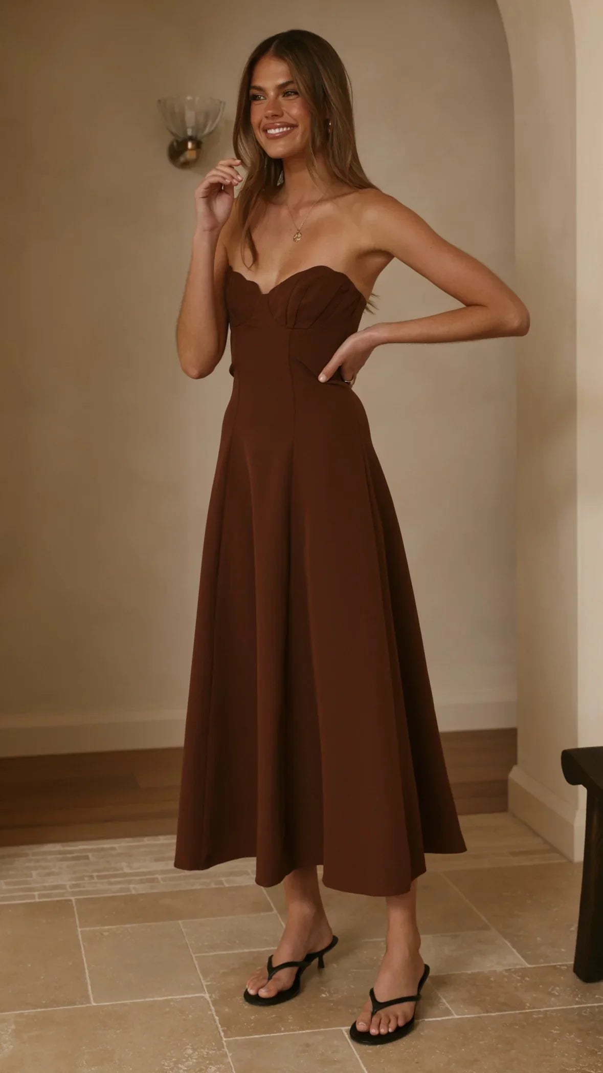 Janessa Strapless Midi Dress Chocolate