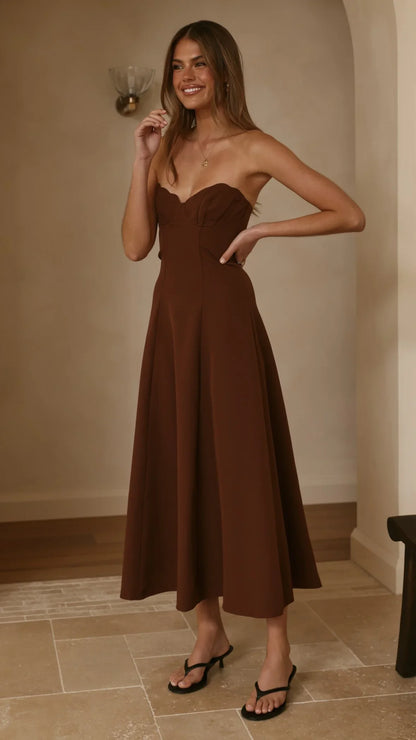 Janessa Strapless Midi Dress Chocolate