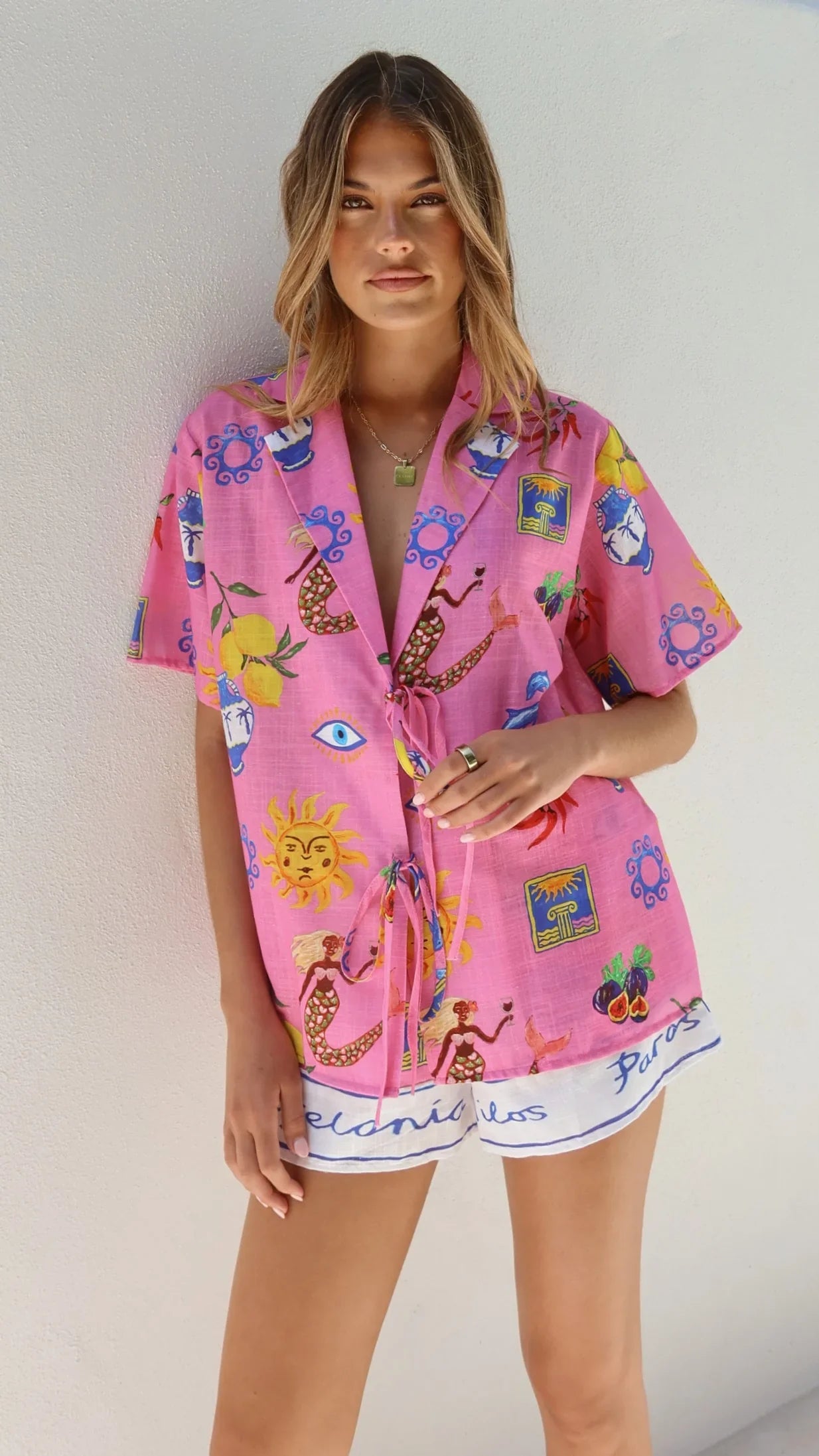 Dayana Tie Up Shirt and Shorts Set Greek Island Print