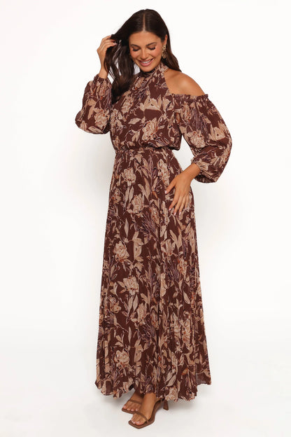 Hilary Pleated Maxi Dress Brown Floral