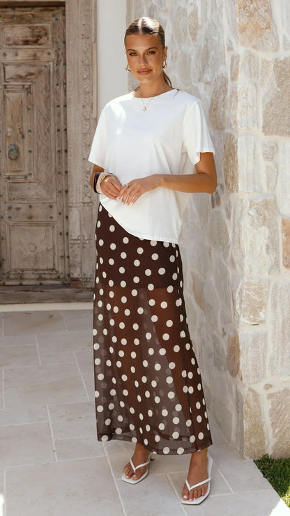 Onella Semi Sheer Maxi Skirt Chocolate White Polka Dot