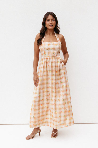 Gemini Halterneck Maxi Dress Yellow Floral Gingham