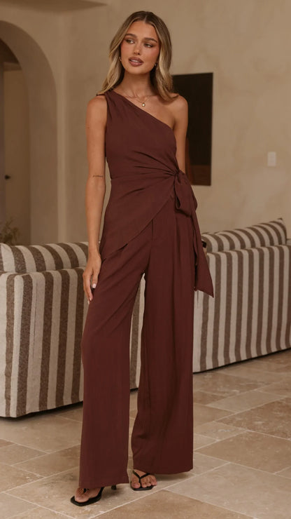 Leela One Shoulder Top and Pants Set Brown