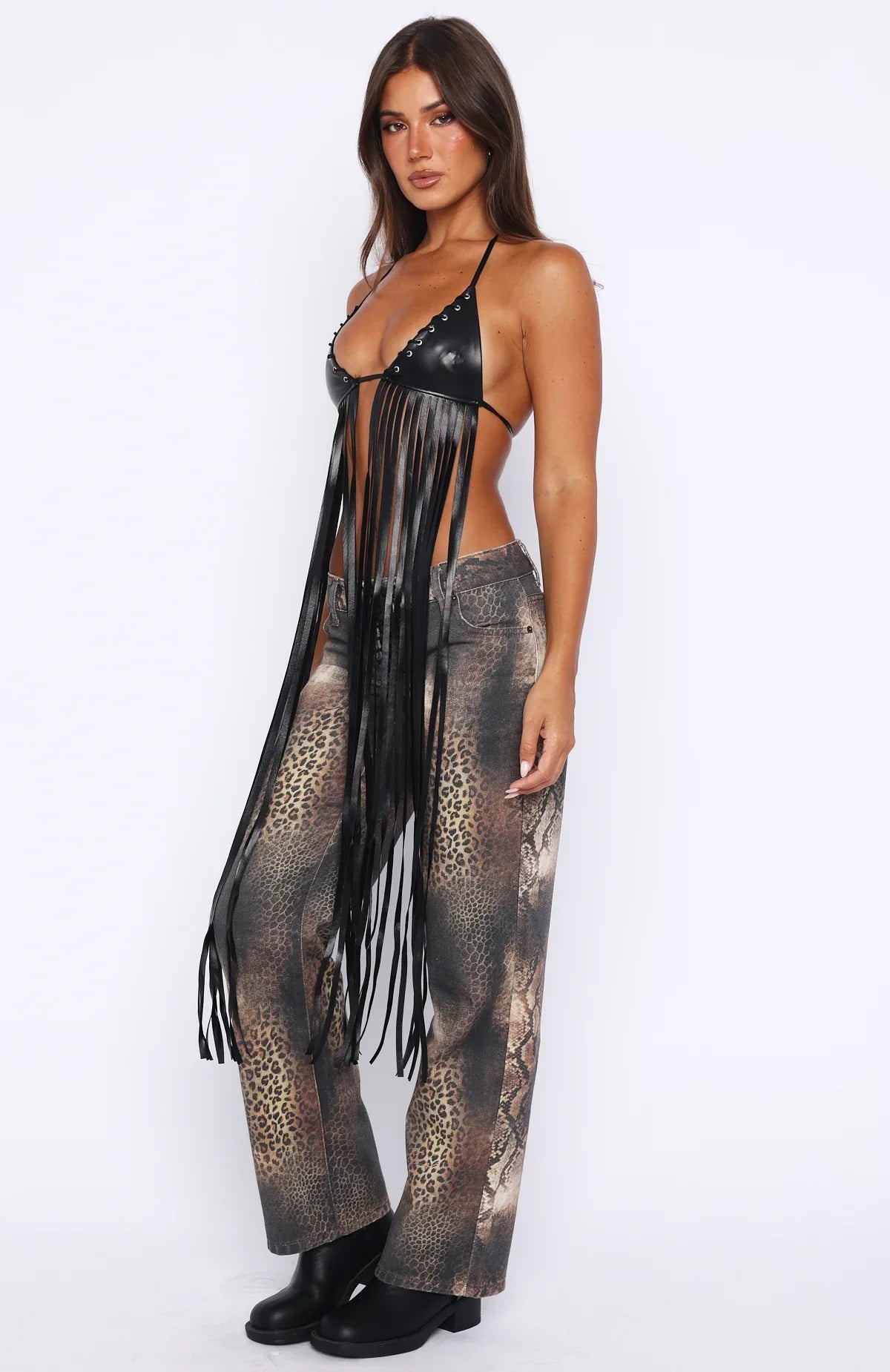 Here We Go PU Fringe Top Black