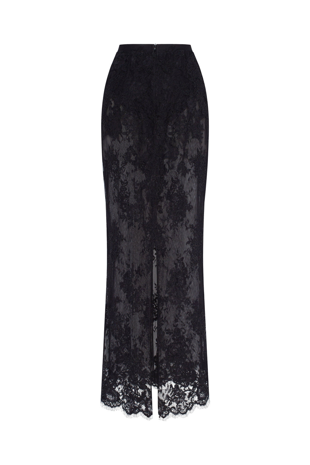 Sensual semi sheer maxi skirt crafted from black floral lace Parisienne