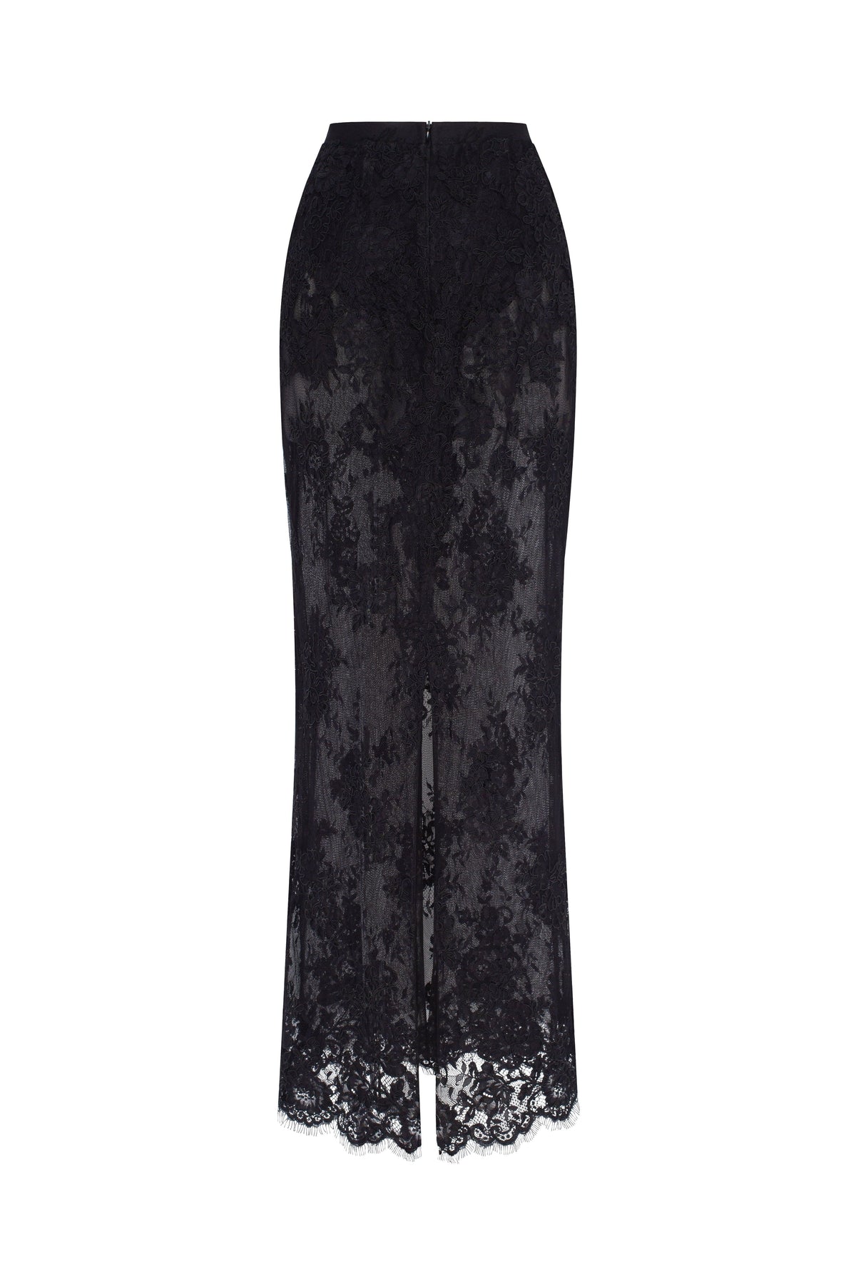 Sensual semi sheer maxi skirt crafted from black floral lace Parisienne