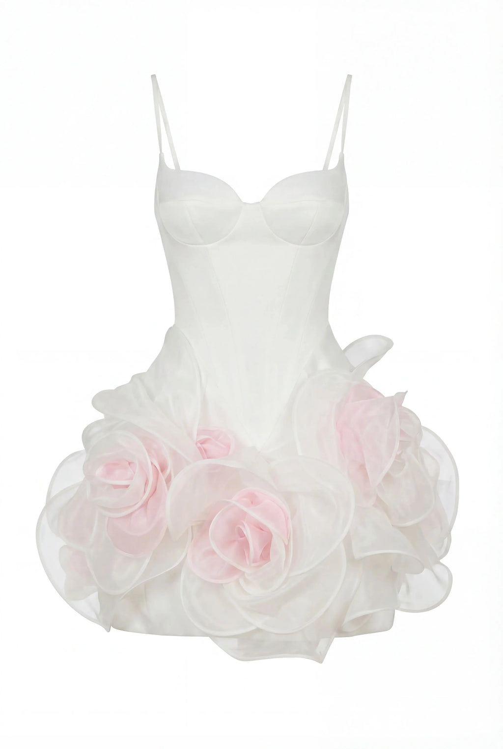 White mini dress with satin corset and 3D floral skirt