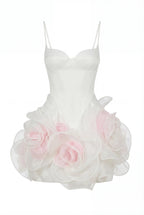 White mini dress with satin corset and 3D floral skirt
