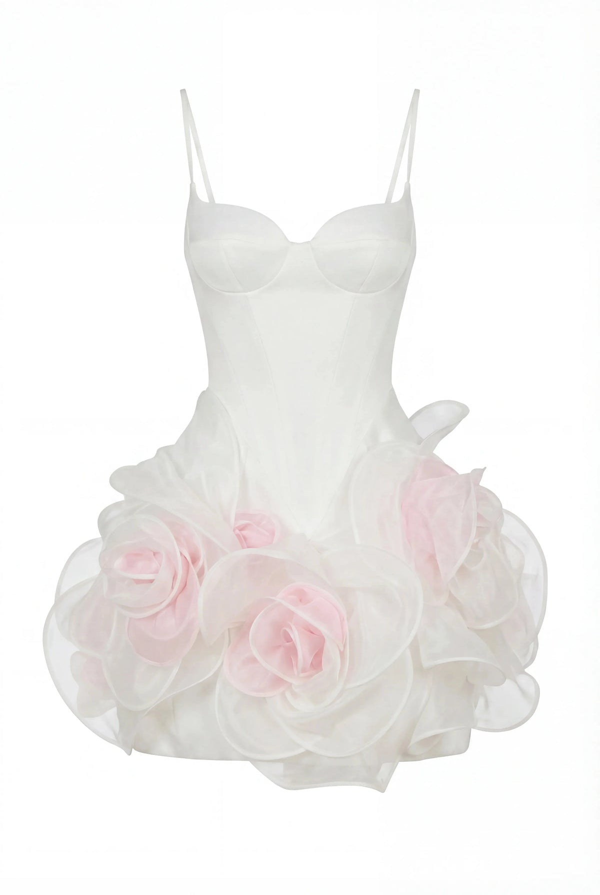 White mini dress with satin corset and 3D floral skirt