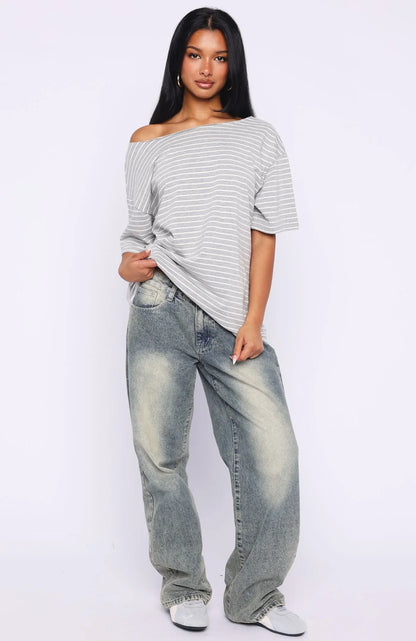 Give Me Options Off Shoulder Tee Grey White Stripe