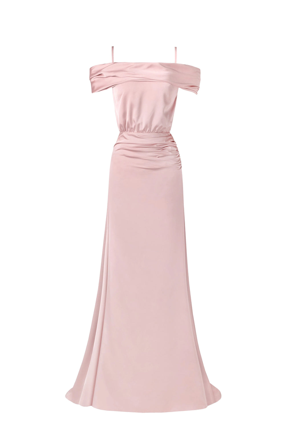 Elegant misty rose off the shoulder silk maxi dress