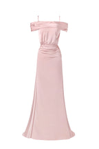 Elegant misty rose off the shoulder silk maxi dress