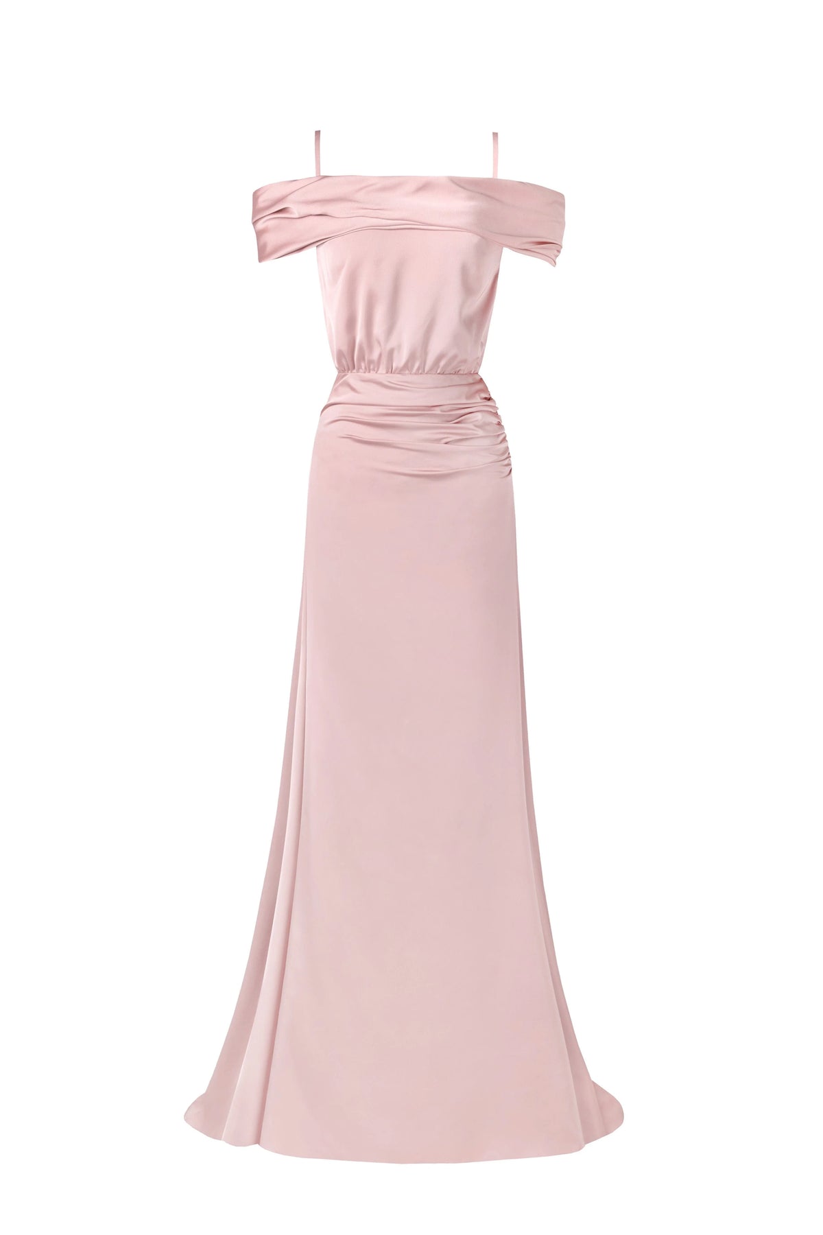 Elegant misty rose off the shoulder silk maxi dress