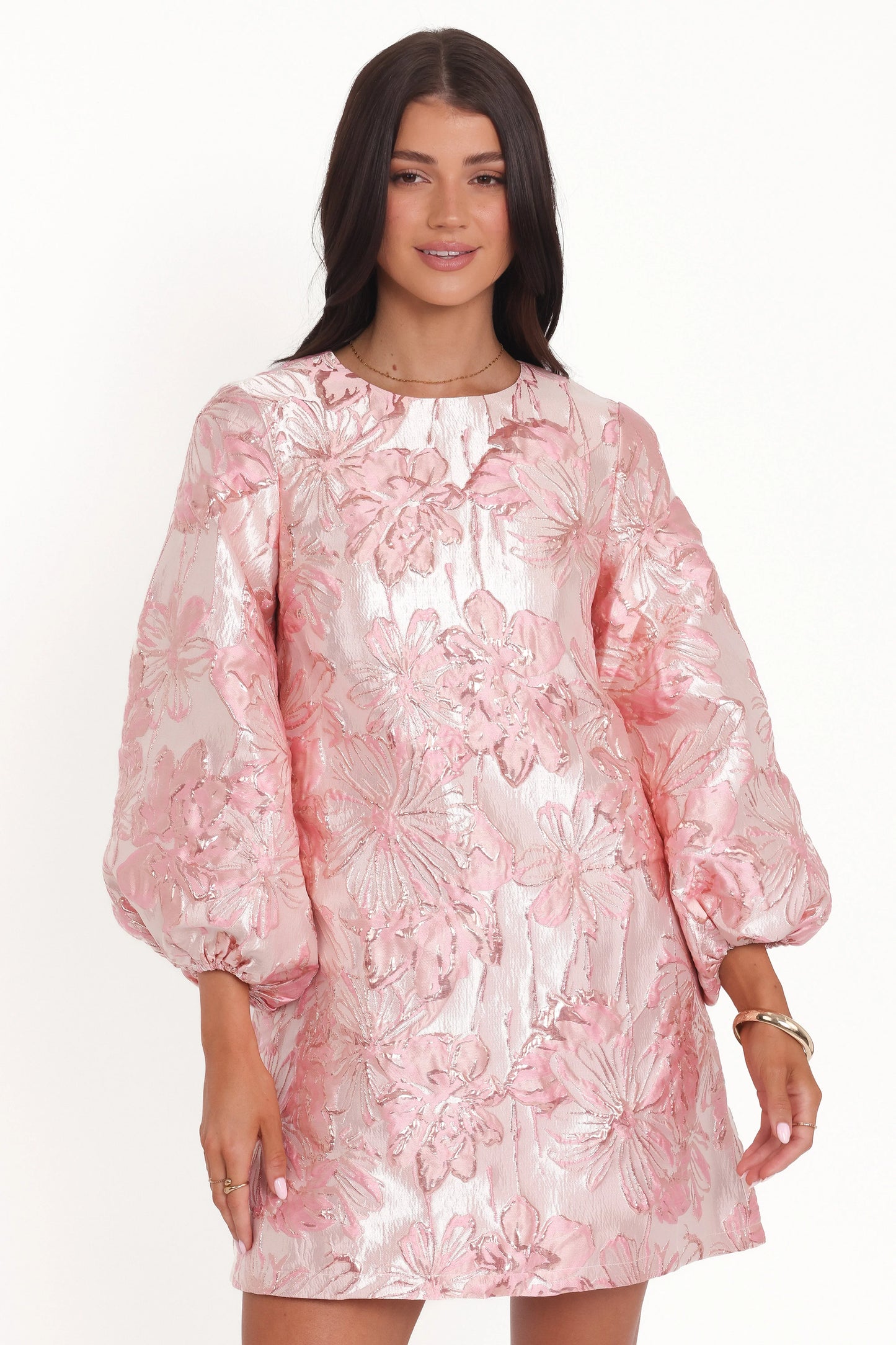 Treloar Long Sleeve Mini Dress Pink Brocade