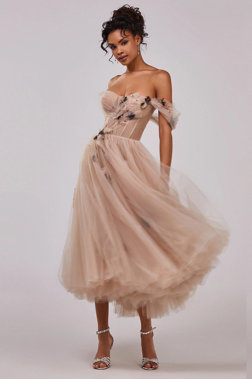 Off the shoulder midi gown with the tender embellishment