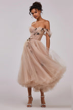 Off the shoulder midi gown with the tender embellishment