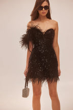 Black Stunning heart shaped mini dress with feathers