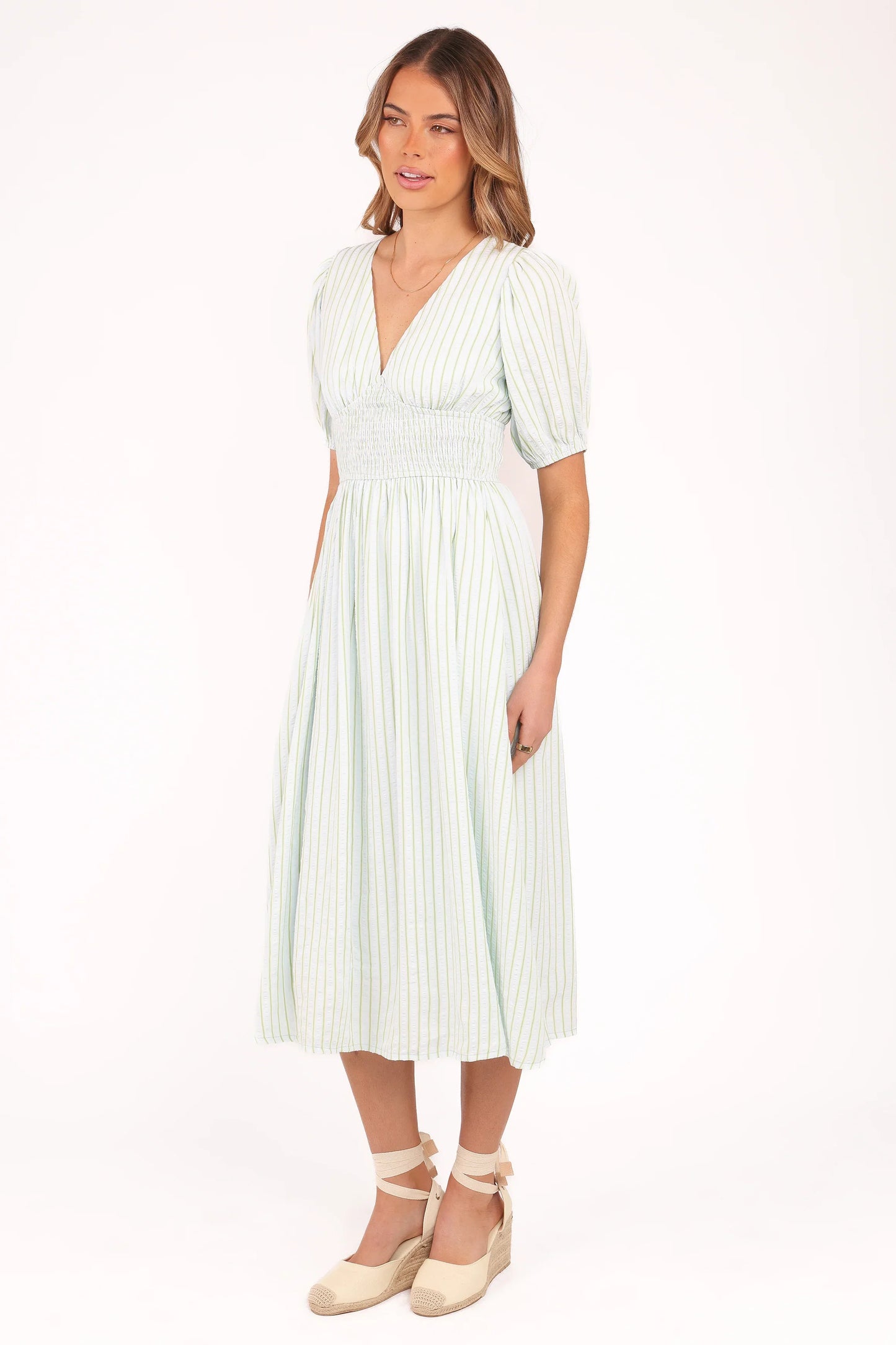 Ronnie Short Sleeve Midi Dress Green Blue Stripe