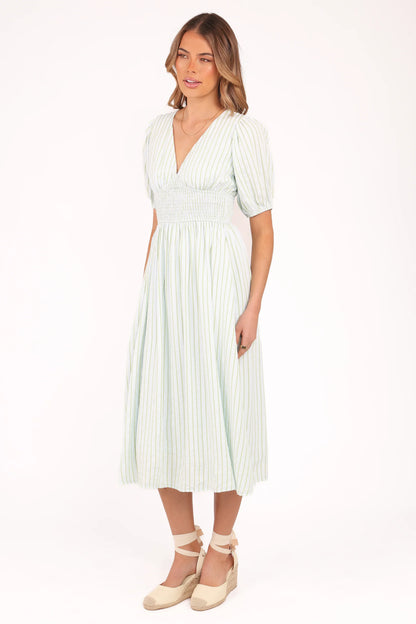 Ronnie Short Sleeve Midi Dress Green Blue Stripe