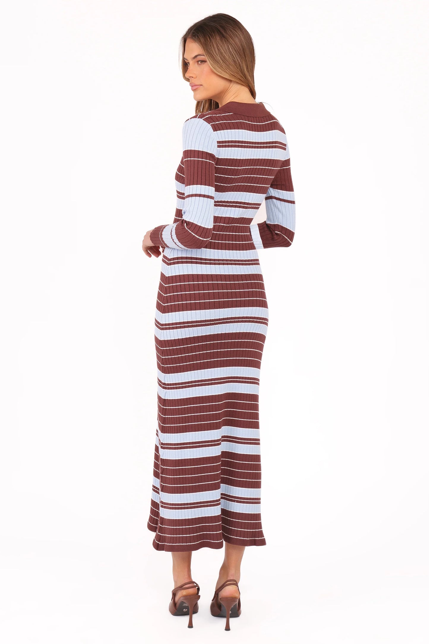 Eliana Long Sleeve Midi Dress Brown Blue Stripe