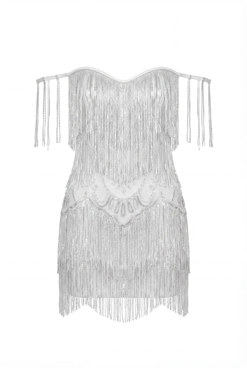 Ivory Mini Dress with Silver Fringe