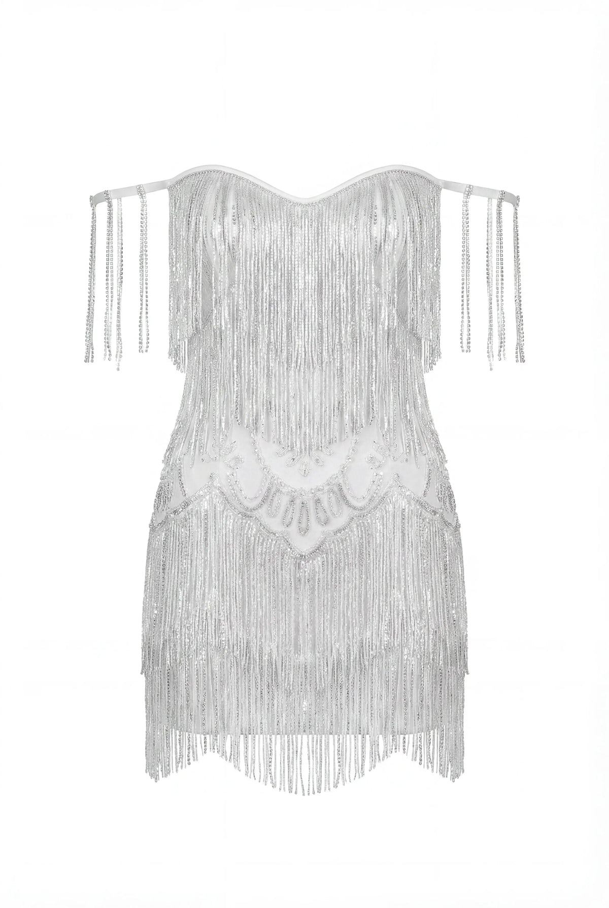 Ivory Mini Dress with Silver Fringe