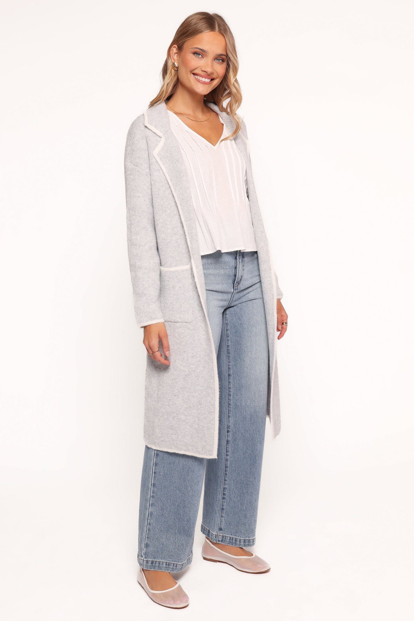 Katia Contrast Trim Coatigan Light Grey