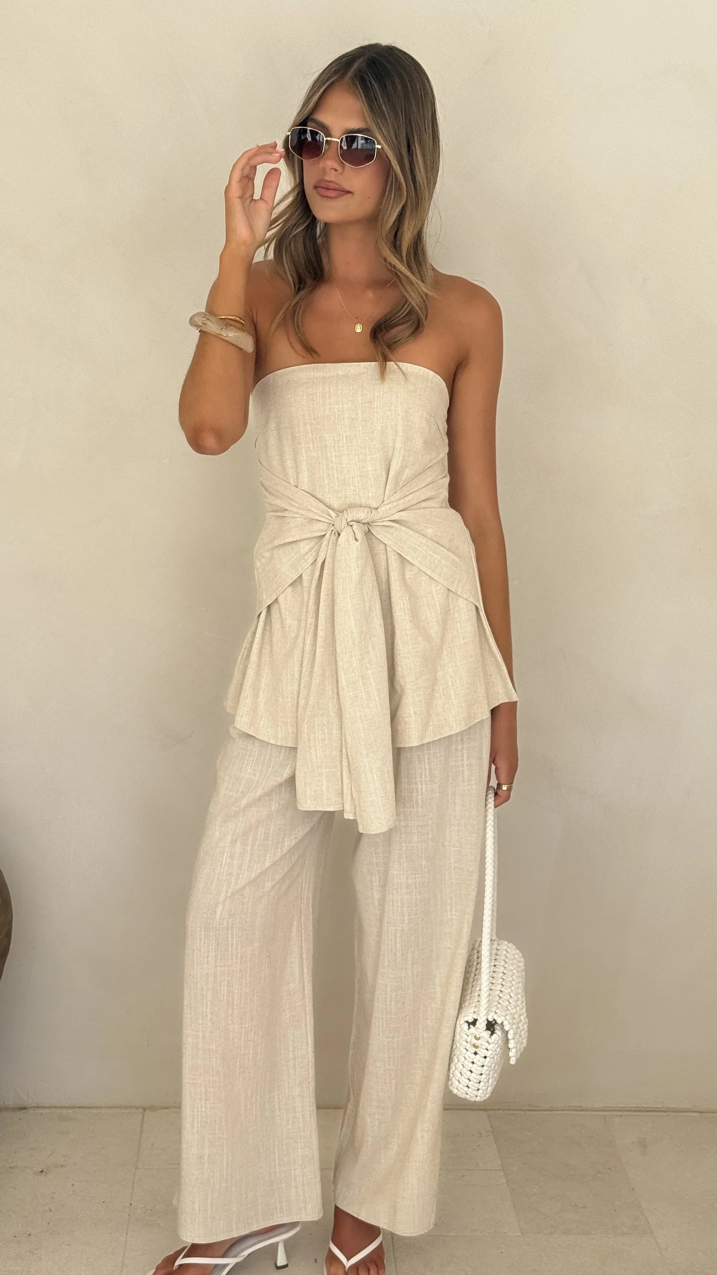 Talia Strapless Top and Pants Set Oatmeal