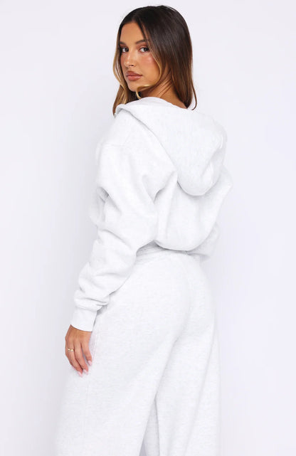 Wishing For It Cropped Cinched Zip Front Hoodie Grey Marle