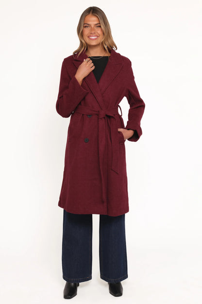 Nina Fur Collar Tie Waist Coat Burgundy