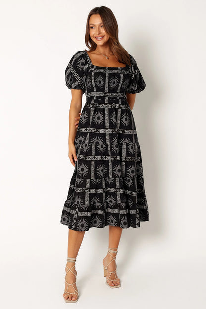 Soliel Puff Sleeve Midi Dress Black Tan