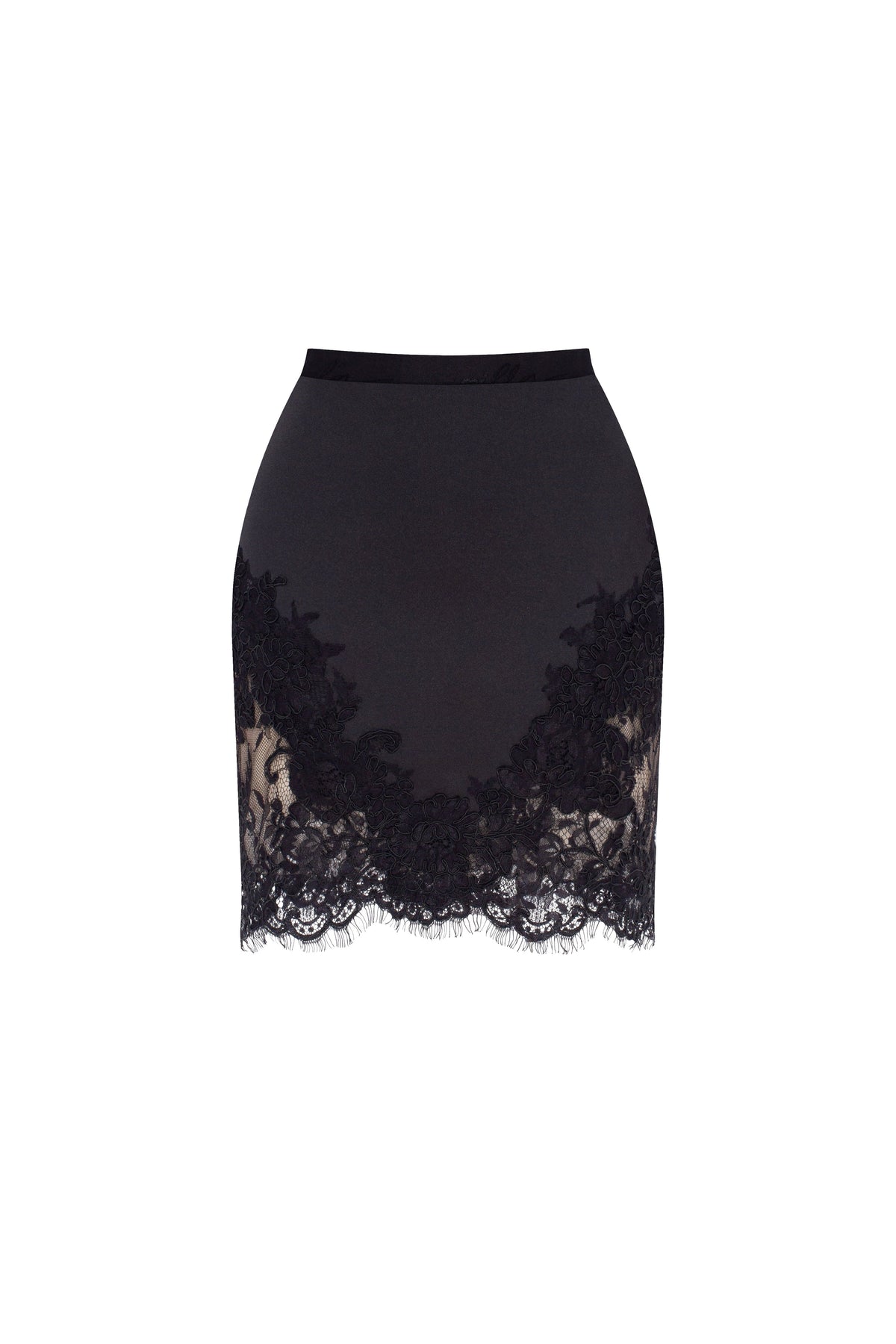 Fitted obsidian mini skirt adorned with lace Parisienne
