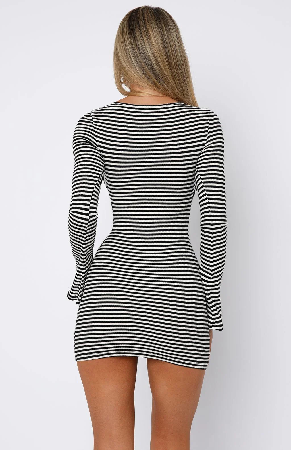 Lost Files Long Sleeve Mini Dress Black White Stripe