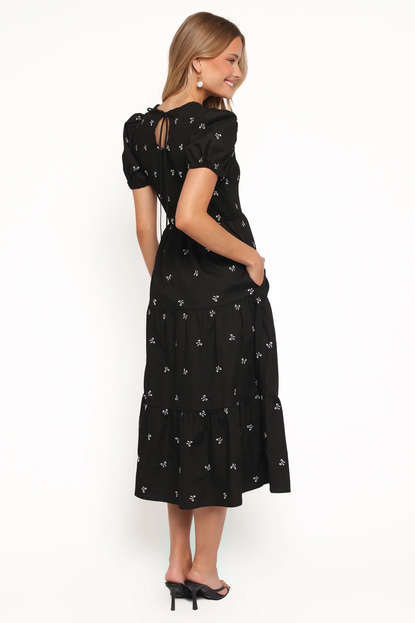 Naura Shirred Tiered Midi Dress Black Bow