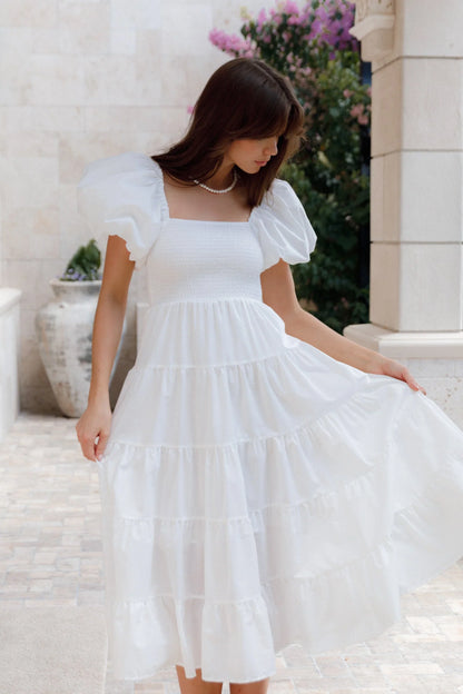 Annette Puff Sleeve Shirred Midi Dress White