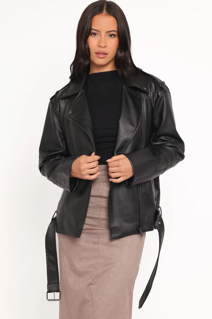 Parsons Oversized Faux Leather Moto Jacket Black
