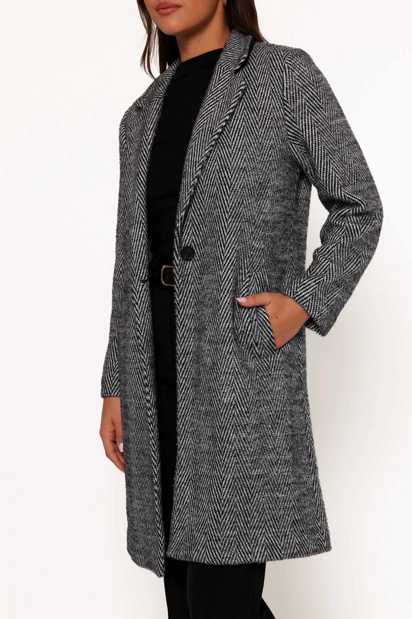 Nicoletta Single Button Herringbone Coat Black