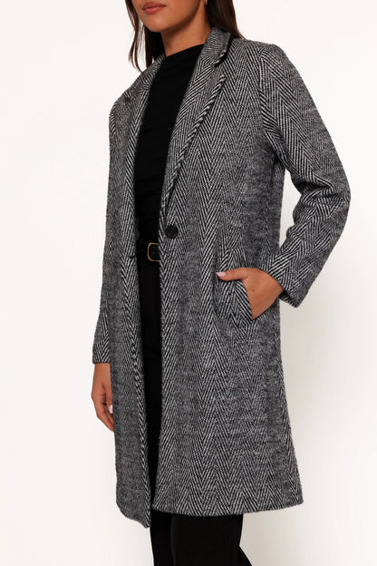 Nicoletta Single Button Herringbone Coat Black
